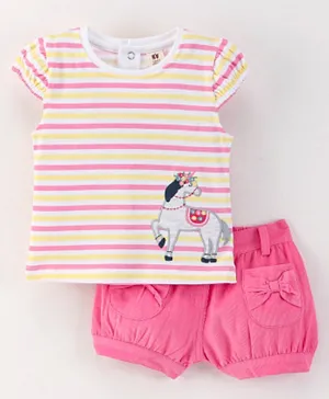 ToffyHouse Cotton Half Sleeves Striped Top & Corduroy Shorts Set with Bow Applique & Horse Patch - Pink & Off White