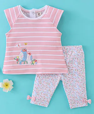 ToffyHouse Cotton Cap Sleeves Striped Top & Floral Capri - Peach & White