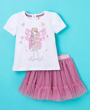 ToffyHouse Cotton Half Sleeves Top & Skirt With Net Detailing Glitter Print- White & Pink