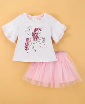 ToffyHouse Cotton Knit Half Sleeves Top & Skirt Set Lucky Girl Unicorn Print & Sequin Detailing - Light Pink & White