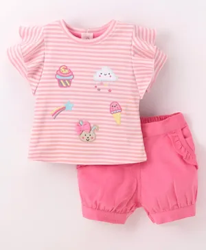 ToffyHouse Half Sleeves Striped Top & Corduroy Shorts Set with Flutter Detailing & Cup Cakes Print - Pink