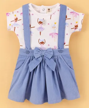ToffyHouse Cotton Half Sleeves Top & Skirt With Suspender Ballerina Print- White & Blue