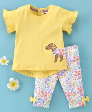 ToffyHouse 100% Knitted Cotton Half Sleeves Top & Capri Set Puppy Patch & Floral Print - Yellow & White