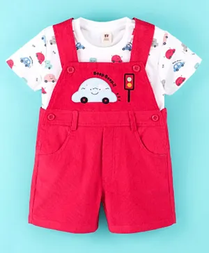 ToffyHouse Half Sleeves Cotton Car Print Tee With Dungaree Car Patch - Red