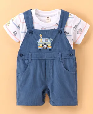 ToffyHouse Half Sleeves Tee & Embroidered Dungaree Set Stripes Print- Blue