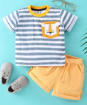 ToffyHouse Cotton Knit Half Sleeves Striped T-Shirt & Corduroy Shorts Set with Lion Applique - Blue & Gold