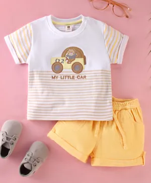 ToffyHouse Cotton Half Sleeves Striped T-Shirt & Shorts Set With Embroidery- White & Yellow