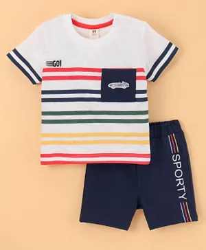 ToffyHouse Cotton Half Sleeves Striped T-Shirt & Shorts Set With Embroidery- White & Navy Blue