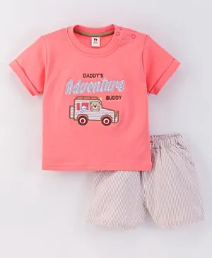 ToffyHouse Cotton Half Sleeves T-Shirt & Shorts Set Striped & Teddy Embroidered - Pink & Brown