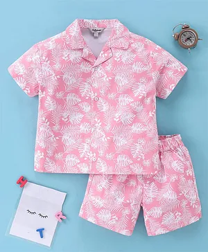 ToffyHouse 100% Cotton Knit Half Sleeves Quirky Co-ord Shirt & Shorts Set Tropical Print - Pink