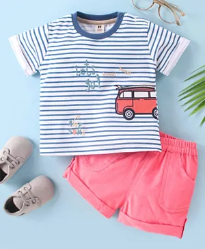 Toffyhouse 100% Cotton Interlock Knit Half Sleeves Striped T-Shirt & Corduroy Shorts Text & Car Embroidery - Pink & Blue