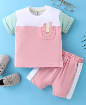 ToffyHouse Knitted Cotton Half Sleeves Colour Blocked T-Shirt and Shorts With Lion Patch - Peach & White