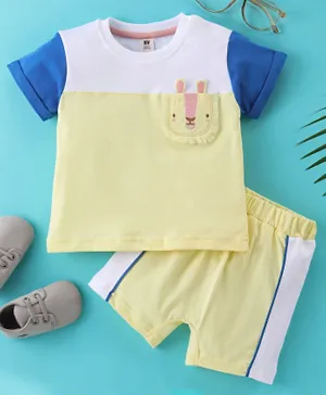 ToffyHouse Cotton Half Sleeves Color Block T-Shirt & Shorts Set With Embroidery- Yellow