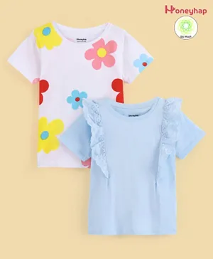 Honeyhap Premium 100% Cotton Half Sleeves Floral Printed T-Shirts with Bio Finish Pack of 2 - White & Nantucket Breeze