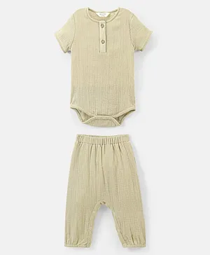 Bonfino 100% Cotton Short Sleeves Solid Onesie & Lounge Pant Set - Beige