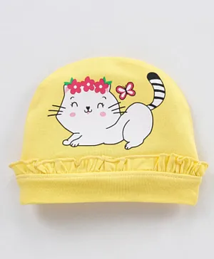 بيبي هاغ قبعة قطن إيلاستين بطبعة القطة - أصفر