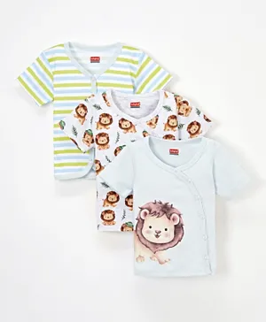 Babyhug 100% Cotton Knit Half Sleeves Front Open Jhablas Stripes & Lion Print Pack of 3 - Multicolour