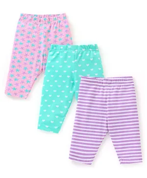 Babyhug Cotton Three Fourth Length Leggings Stripes & Heart Print Pack of 3- Pink & Blue