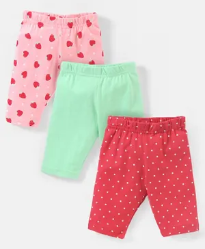 Babyhug Cotton Knit Three Fourth Length Leggings Heart & Polka Dots Print Pack of 3 - Red Mint & Pink