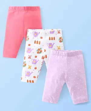 Babyhug Cotton Three Fourth Lycra Leggings Dot & Floral Print Pack Of 3- Pink White & Purple