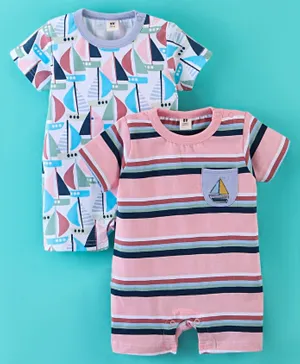 ToffyHouse 100% Cotton Knit Half Sleeves Romper Stripes & Boat Print Pack of 2- Pink & Blue