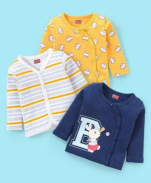 Babyhug 100% Cotton Full Sleeves Vest Stripes & Tennis Ball Print Pack Of 3- Blue & Yellow