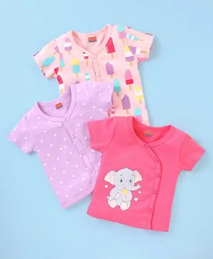 Babyhug 100% Cotton Half Sleeves Vest Dot & Elephant Print Pack Of 3- Pink & Purple