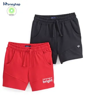 Honeyhap Premium 100% Cotton Looper Solid Shorts with Bio Finish Pack of 2 - Flame Scarlet & Black