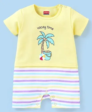 Babyhug 100% Cotton Knit Half Sleeves Striped and Palm Tree Print Romper- Yellow