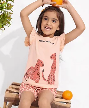 Pine Kids 100% Cotton Knit Frill Sleeves Night Suit Cheetah Print - Peach