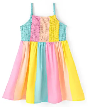 Babyhug Rayon Woven Sleeveless Colour Block Fit & Flare Frock - Pink & Yellow