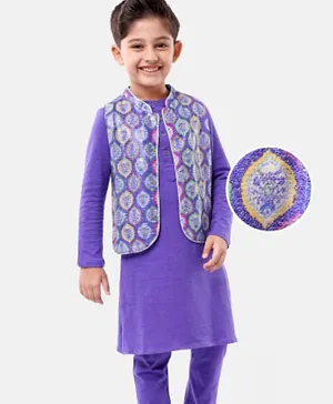 Earthy Touch 100% Cotton Knit Full Sleeves Kurta & Pajama Set with Waistcoat Ethnic Print - Purple