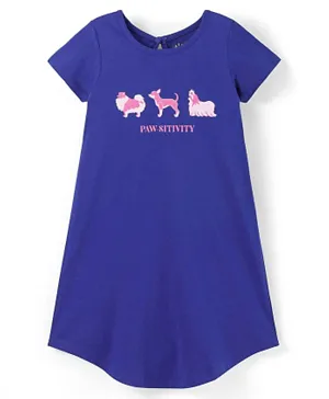 Pine Kids 100% Cotton Knit Half Sleeves Knee Length Night Gown Puppy Print - Blue