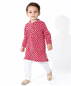 Earthy Touch 100% Cotton Knit Full Sleeves Kurta & Pajama Set Abstract Print - Red & White