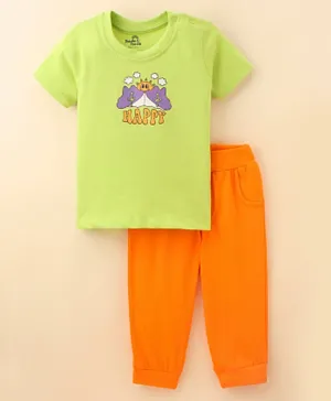 Doodle Poodle Cotton Single Jersey Half Sleeves T-Shirt & Lounge Pant Set Happy Sun Print - Green & Orange