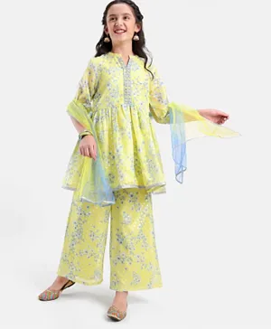 Pine Kids Three Fourth Sleeves Kurti & Salwar Set With Dupatta Floral Print- Yellow