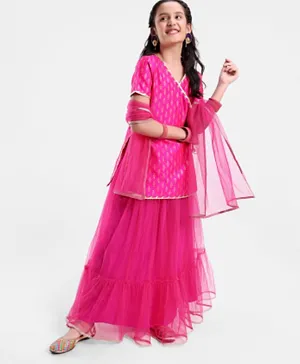 Pine Kids Woven Half Sleeves Zari Design Lehenga & Choli Set with Dupatta - Pink