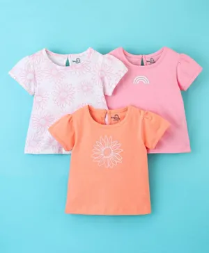 Doodle Poodle 100% Cotton Knit Half Sleeves T-Shirts Floral Print Pack of 3 - Peach Pink & White