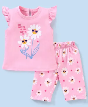 Babyhug Cotton Half Sleeves Capri Night Suit Flower Print - Pink