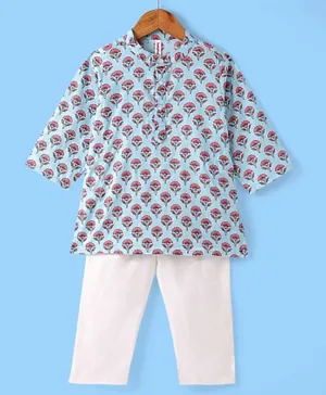 Babyhug 100% Cotton Full Sleeves Floral Printed Kurta & Pyjama Set - Blue