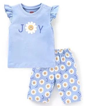 Babyhug Cotton Knit Frill Sleeves Capri Night Suit Floral Print - Blue
