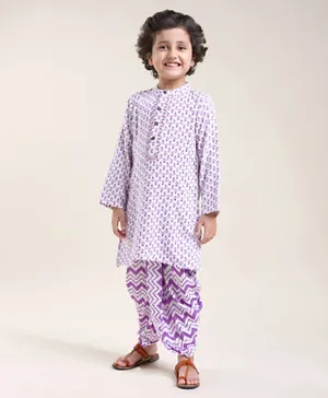 Babyhug Cotton Full Sleeves Kurta With Dhoti Floral Print & Embroidery - White & Purple