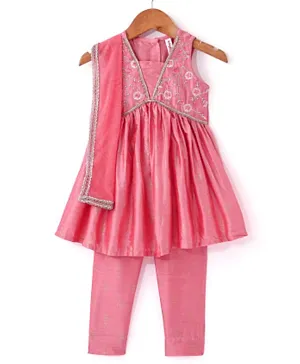 Babyhug Sleeveless Foil Printed Kurta With Pant And Dupatta Set With Embroidery Detailing- Pink