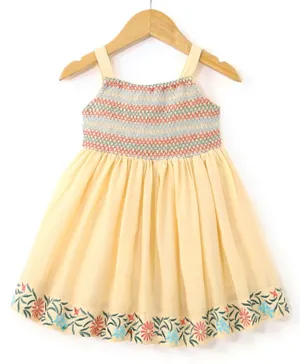 Babyhug 100% Cotton Woven Singlet Sleeves Ethnic Dress with Floral Embroidery - Yellow
