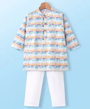 Babyhug 100% Cotton Full Sleeves Kurta With Payjama Set With Ikat Print - White