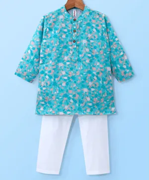 Babyhug 100% Cotton Woven Full Sleeves Kurta & Pyjama Set Abstract Print - Blue