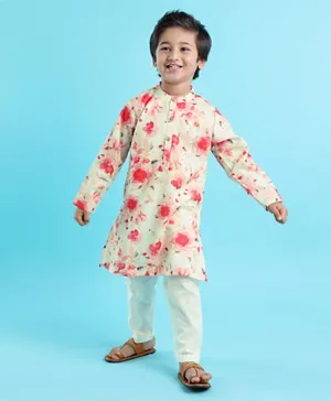 Babyhug 100% Cotton Woven Full Sleeves Kurta with Payjama Set Floral Print - White &  Pink