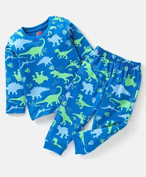 Babyhug Cotton Knit Full Sleeves Dino Print Night Suit - Blue