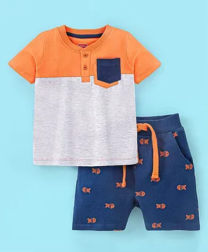 Babyhug 100% Cotton Half Sleeves T-Shirt & Shorts Set Fish Print- Orange & Blue