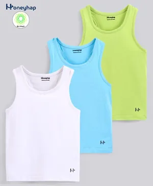 Honeyhap Cotton  Single Jersey Soft & Stretch Solid Colour Vests Pack of 3 - Balric Sea White & Tender Shoot